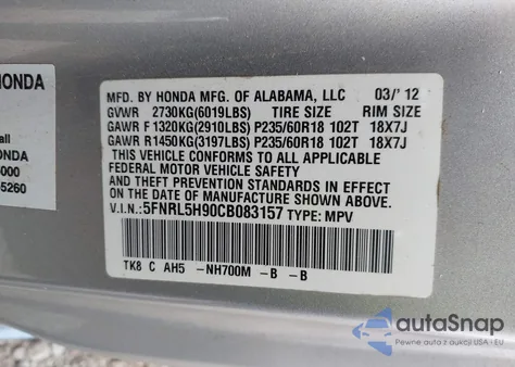 2012 Honda Odyssey Touring/Touring Elite z USA, uszkodzony, nr VIN 5FNRL5H90CB083157